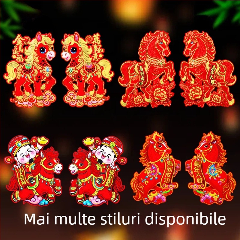 Set de autocolante tridimensionale cu caracter Fu pentru ușă, fereastră și perete – Anul Calului, Festivalul Primăverii – lucrat manual pe carton alb, stil Chinezesc