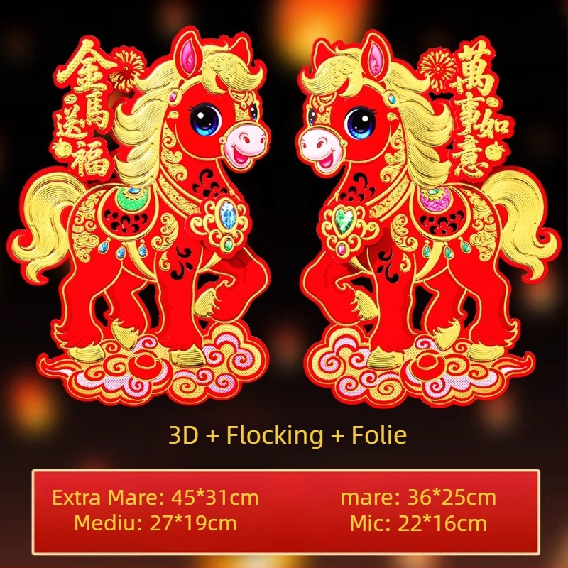 Set de autocolante tridimensionale cu caracter Fu pentru ușă, fereastră și perete – Anul Calului, Festivalul Primăverii – lucrat manual pe carton alb, stil Chinezesc