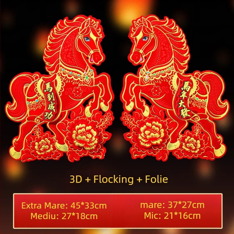 Set de autocolante tridimensionale cu caracter Fu pentru ușă, fereastră și perete – Anul Calului, Festivalul Primăverii – lucrat manual pe carton alb, stil Chinezesc