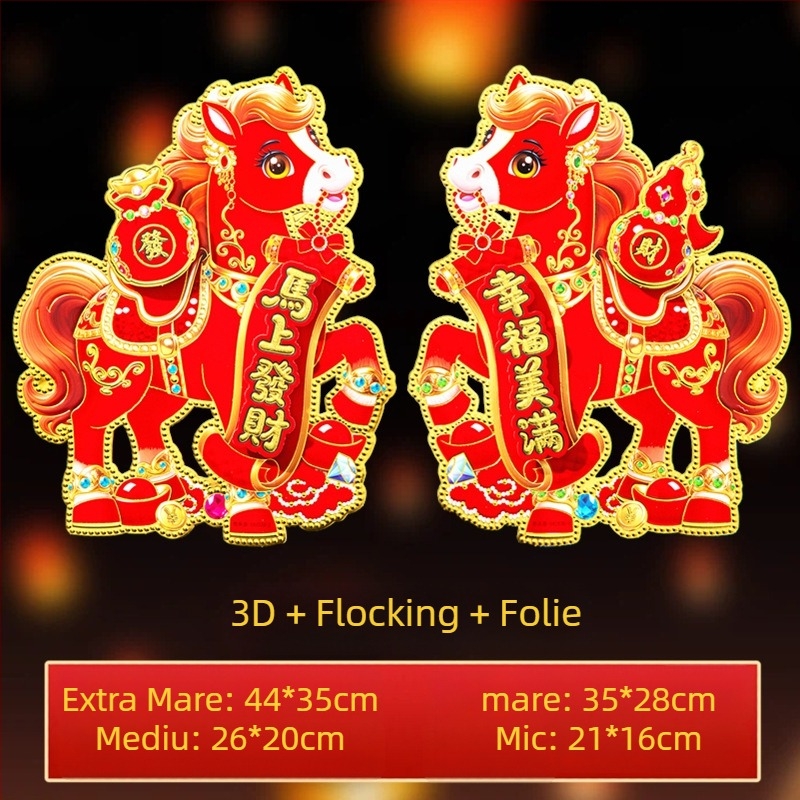 Set de autocolante tridimensionale cu caracter Fu pentru ușă, fereastră și perete – Anul Calului, Festivalul Primăverii – lucrat manual pe carton alb, stil Chinezesc