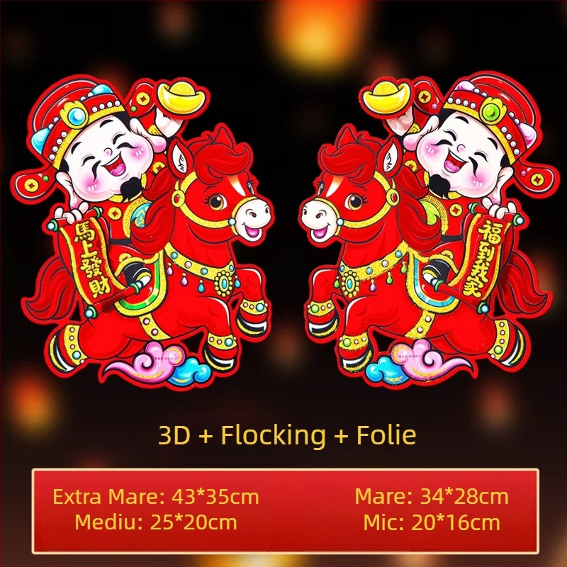 Set de autocolante tridimensionale cu caracter Fu pentru ușă, fereastră și perete – Anul Calului, Festivalul Primăverii – lucrat manual pe carton alb, stil Chinezesc