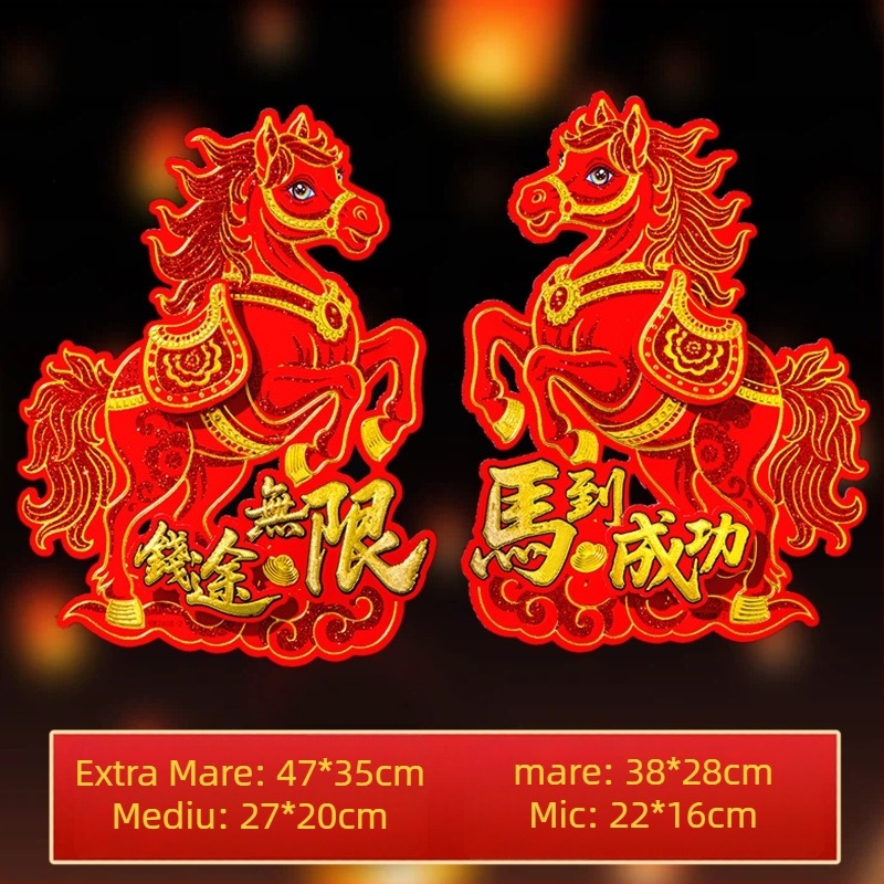 Set de autocolante tridimensionale cu caracter Fu pentru ușă, fereastră și perete – Anul Calului, Festivalul Primăverii – lucrat manual pe carton alb, stil Chinezesc