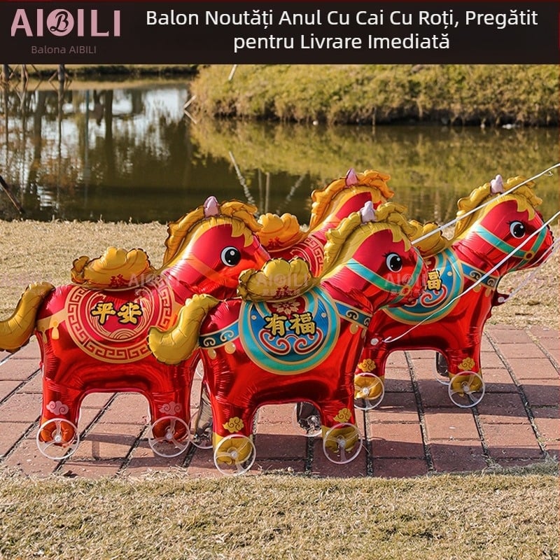 Poniu cu rotile jucărie cu balon din folie de aluminiu – siluetă animal desen animat, model zodiacal, pentru festivalul de primăvară și standul stradal