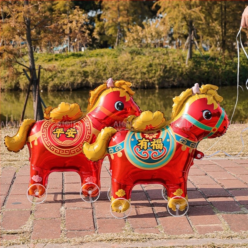 Poniu cu rotile jucărie cu balon din folie de aluminiu – siluetă animal desen animat, model zodiacal, pentru festivalul de primăvară și standul stradal