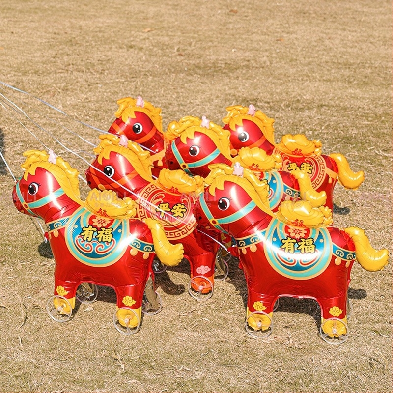 Poniu cu rotile jucărie cu balon din folie de aluminiu – siluetă animal desen animat, model zodiacal, pentru festivalul de primăvară și standul stradal