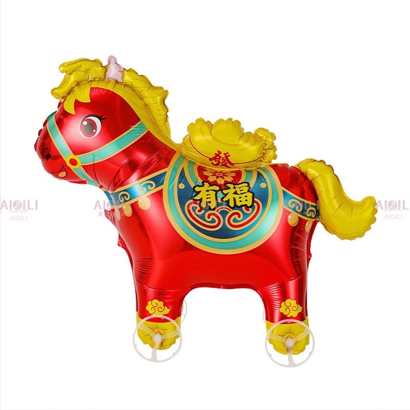 Poniu cu rotile jucărie cu balon din folie de aluminiu – siluetă animal desen animat, model zodiacal, pentru festivalul de primăvară și standul stradal
