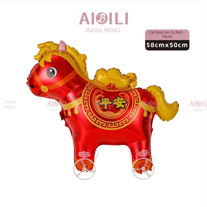 Poniu cu rotile jucărie cu balon din folie de aluminiu – siluetă animal desen animat, model zodiacal, pentru festivalul de primăvară și standul stradal
