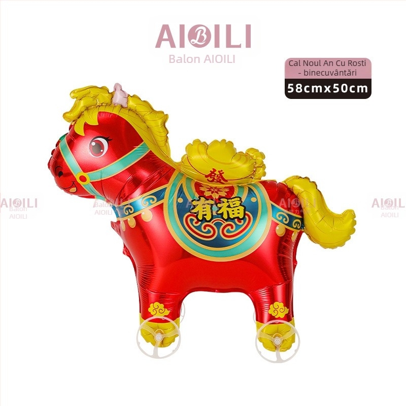 Poniu cu rotile jucărie cu balon din folie de aluminiu – siluetă animal desen animat, model zodiacal, pentru festivalul de primăvară și standul stradal