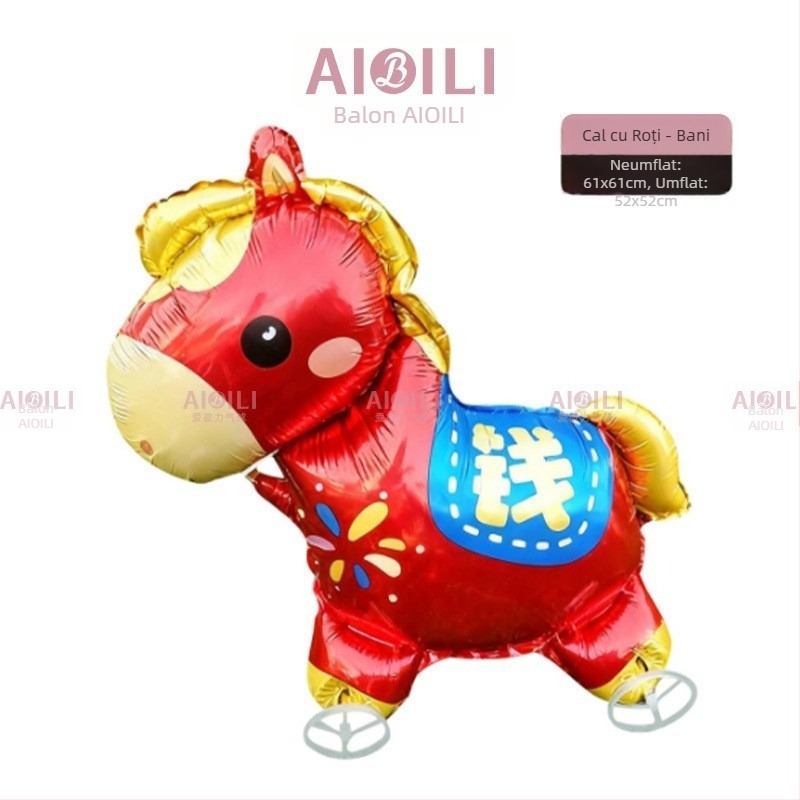 Poniu cu rotile jucărie cu balon din folie de aluminiu – siluetă animal desen animat, model zodiacal, pentru festivalul de primăvară și standul stradal