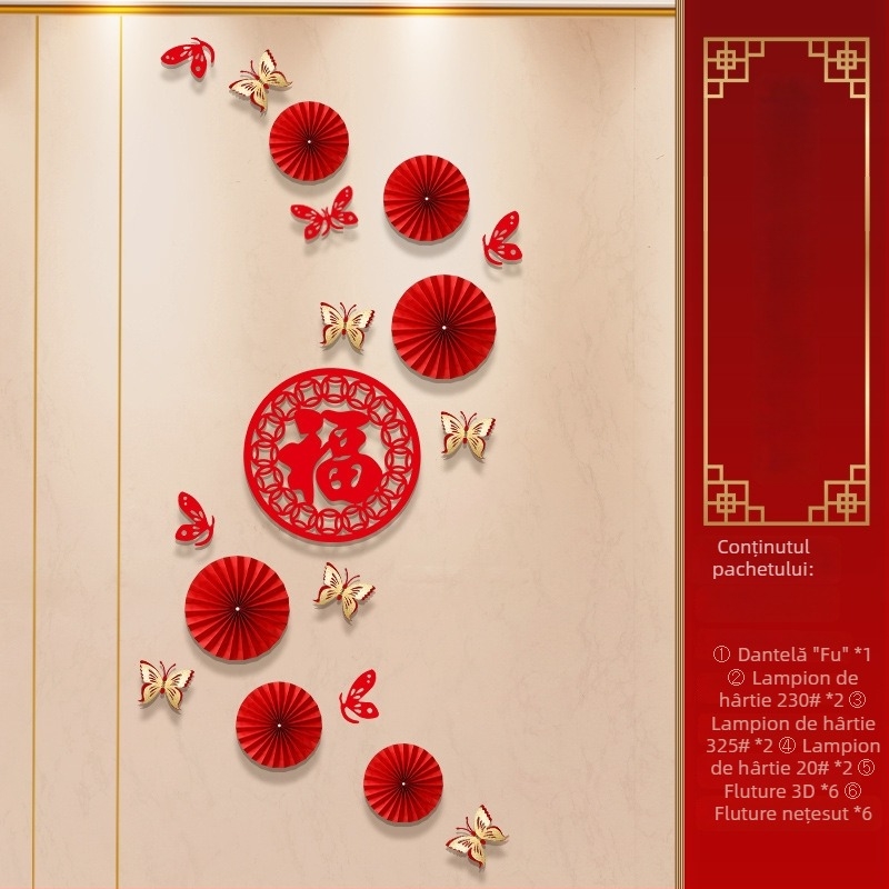 Set decorativ cu evantaie din hârtie pentru Anul Nou, stil Chinezesc, țesătură catifelată, ștampilare la cald, Tiantianxifang