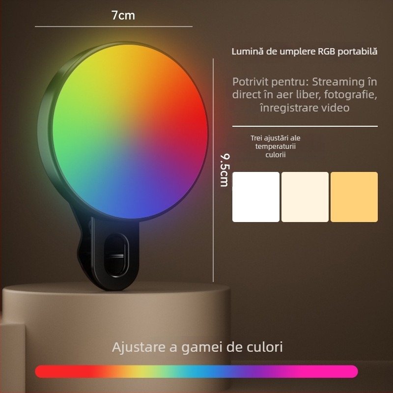 Lumină de umplere portabilă pentru telefon, pentru selfie, înregistrare video și exterior – 4.8W, 2700–3500K lumină caldă, 3 temperaturi de culoare, manevrabil în mână, model Bgd-dy