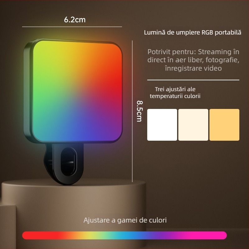 Lumină de umplere portabilă pentru telefon, pentru selfie, înregistrare video și exterior – 4.8W, 2700–3500K lumină caldă, 3 temperaturi de culoare, manevrabil în mână, model Bgd-dy