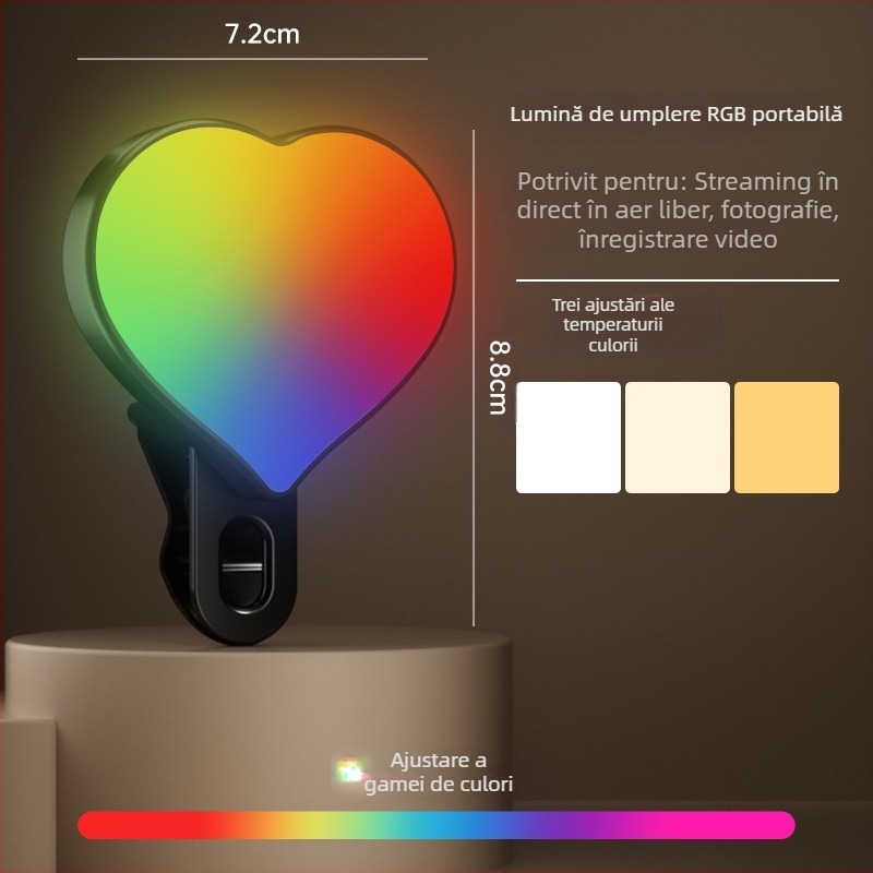 Lumină de umplere portabilă pentru telefon, pentru selfie, înregistrare video și exterior – 4.8W, 2700–3500K lumină caldă, 3 temperaturi de culoare, manevrabil în mână, model Bgd-dy
