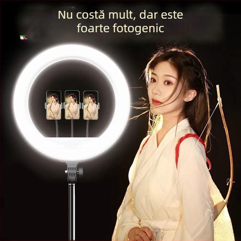 Lampa inel de podea pentru streaming live cu suport pentru telefon, LED 55–65W, 220V, reglaj luminozitate