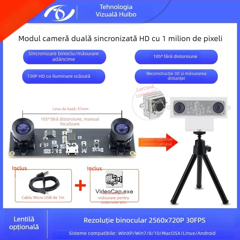 Modul cameră stereo, senzor 1.0MP, reconstrucție 3D și recunoaștere facială, detecție adâncime, USB 2.0 fără driver, 30FPS