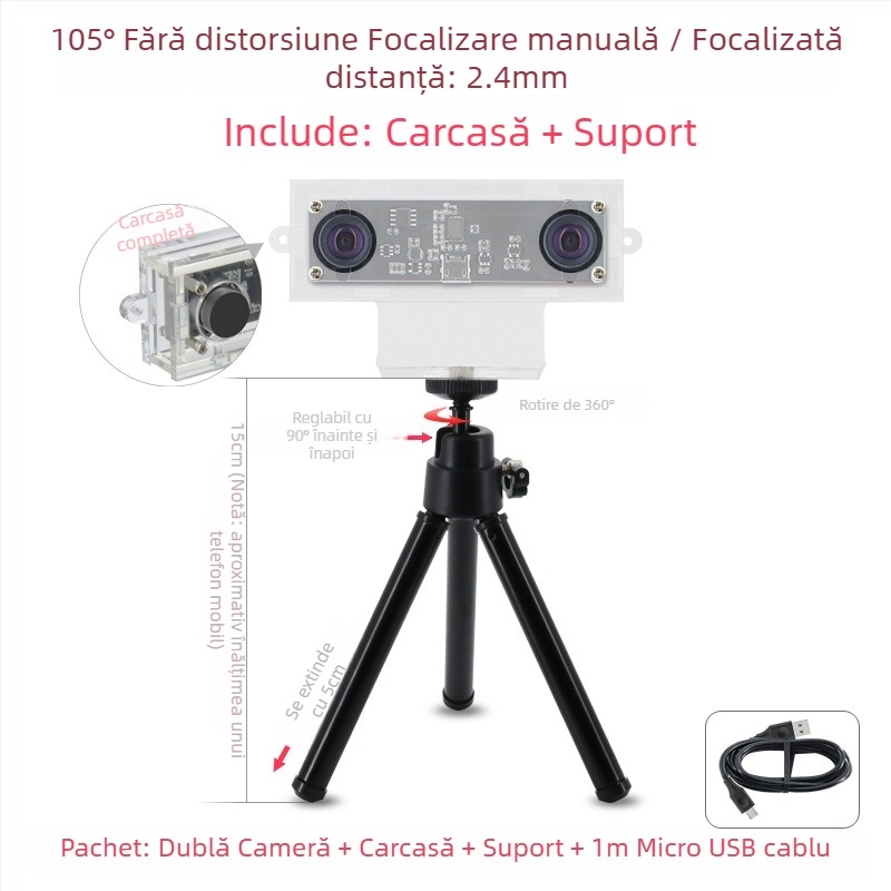 Modul cameră stereo, senzor 1.0MP, reconstrucție 3D și recunoaștere facială, detecție adâncime, USB 2.0 fără driver, 30FPS