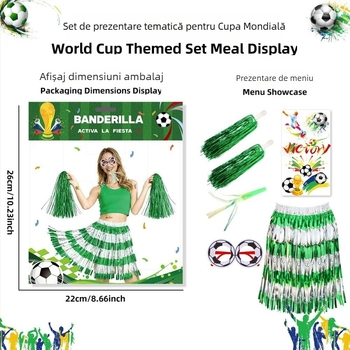 Set de fani pentru Cupa Mondială 2026 — accesorii pentru machiaj și îmbrăcăminte: fustă Rain Silk, bețișor manual, ochelari, element dragon-blowing, autocolante tatuaje; material PET; producție semi-manuală și semi-mecanică; personalizabil; model geometric