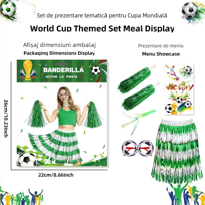 Set de fani pentru Cupa Mondială 2026 — accesorii pentru machiaj și îmbrăcăminte: fustă Rain Silk, bețișor manual, ochelari, element dragon-blowing, autocolante tatuaje; material PET; producție semi-manuală și semi-mecanică; personalizabil; model geometric