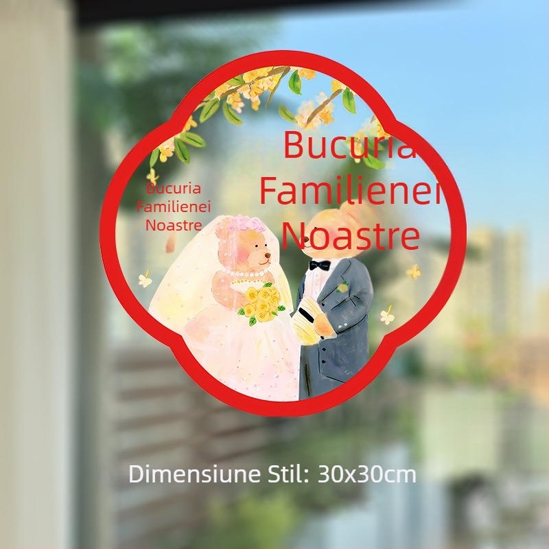 Decorațiuni pentru ferestre de nuntă din PVC cu cuvinte fericite și urși pictați manual – etichete statice pentru sticlă