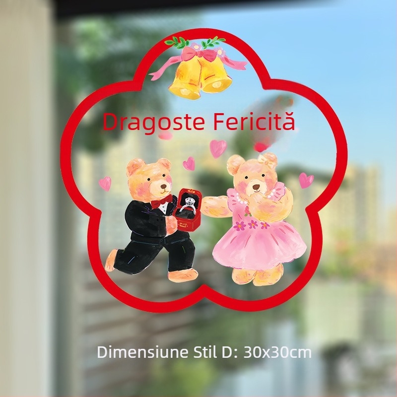 Decorațiuni pentru ferestre de nuntă din PVC cu cuvinte fericite și urși pictați manual – etichete statice pentru sticlă