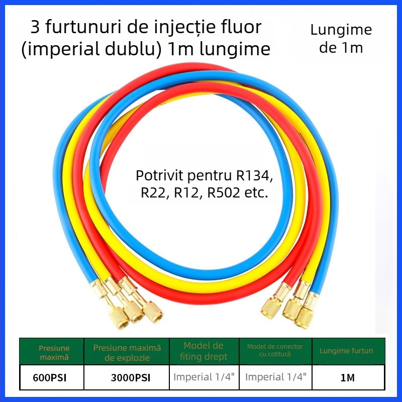 Furtun de încărcare refrigerant pentru AC auto cu manometru digital, rezistent la presiune înaltă, filet 1/4, interval 0-35, precizie 0,1, compatibil cu R134/R22/R410/R32.