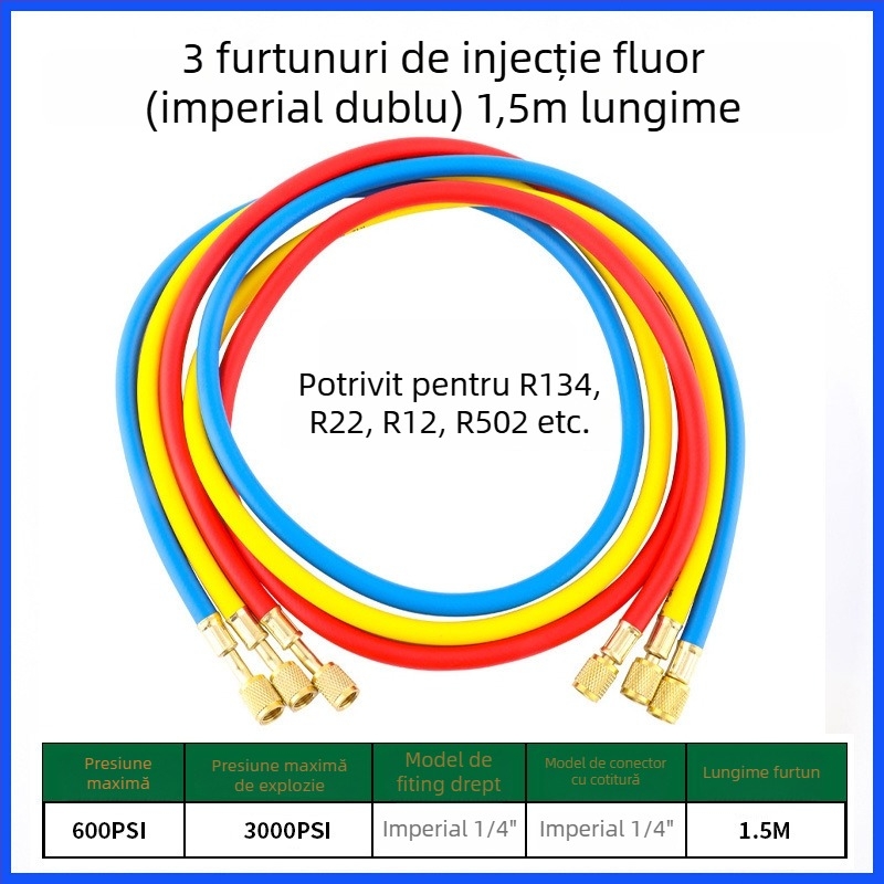 Furtun de încărcare refrigerant pentru AC auto cu manometru digital, rezistent la presiune înaltă, filet 1/4, interval 0-35, precizie 0,1, compatibil cu R134/R22/R410/R32.