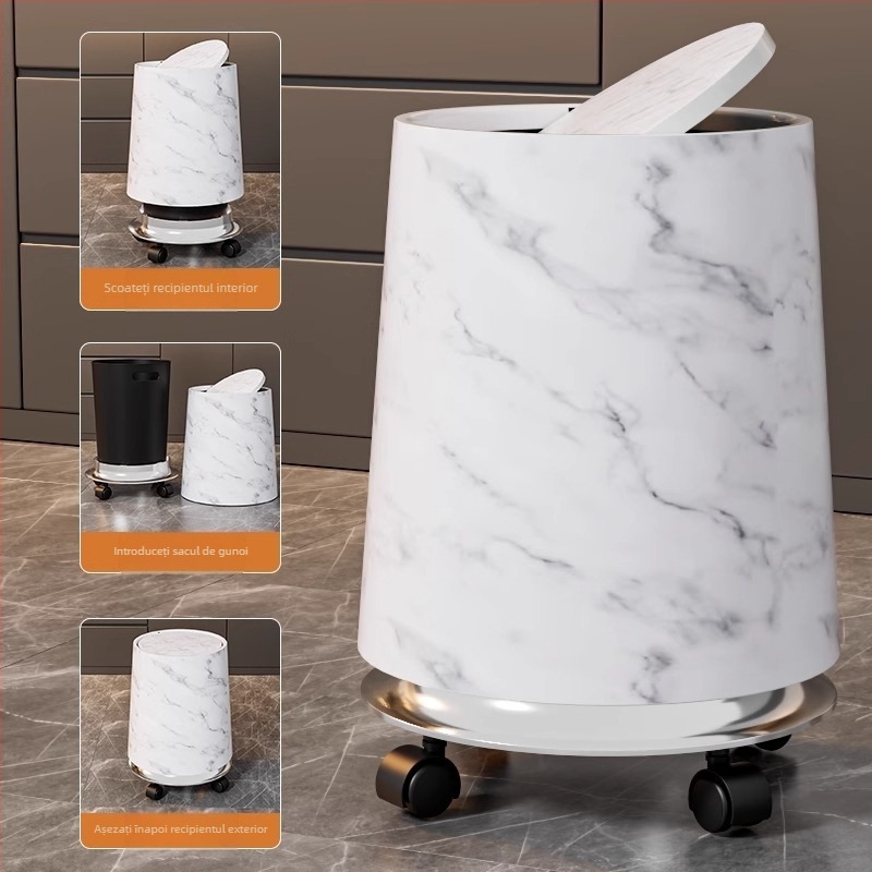 Coș de gunoi din plastic cu roți și capac cu apăsare, aspect marmură vintage, formă butoi, 12 L+ capacitate, pentru uz casnic (12 L+; capac cu apăsare; plastic; formă butoi; uz casnic)