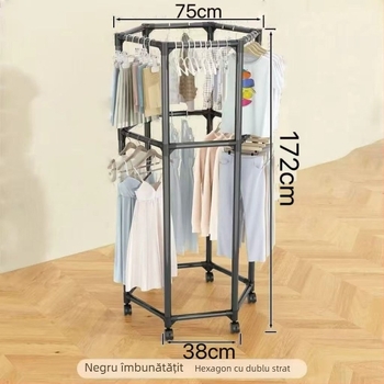 Uscător de haine pentru podea, design hexagonal cu 16 țevi, mobil cu roți, rotativ, cu plasă de uscare