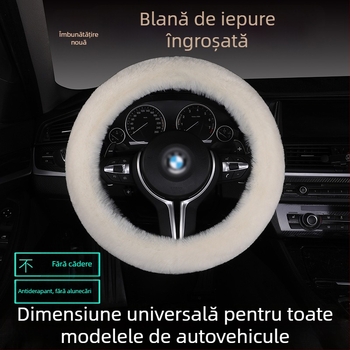 Set husă volan din blană de iepure, antiderapant, cald, universal, include pernă de șezut din blană