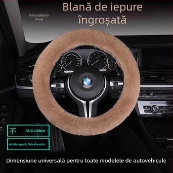 Set husă volan din blană de iepure, antiderapant, cald, universal, include pernă de șezut din blană
