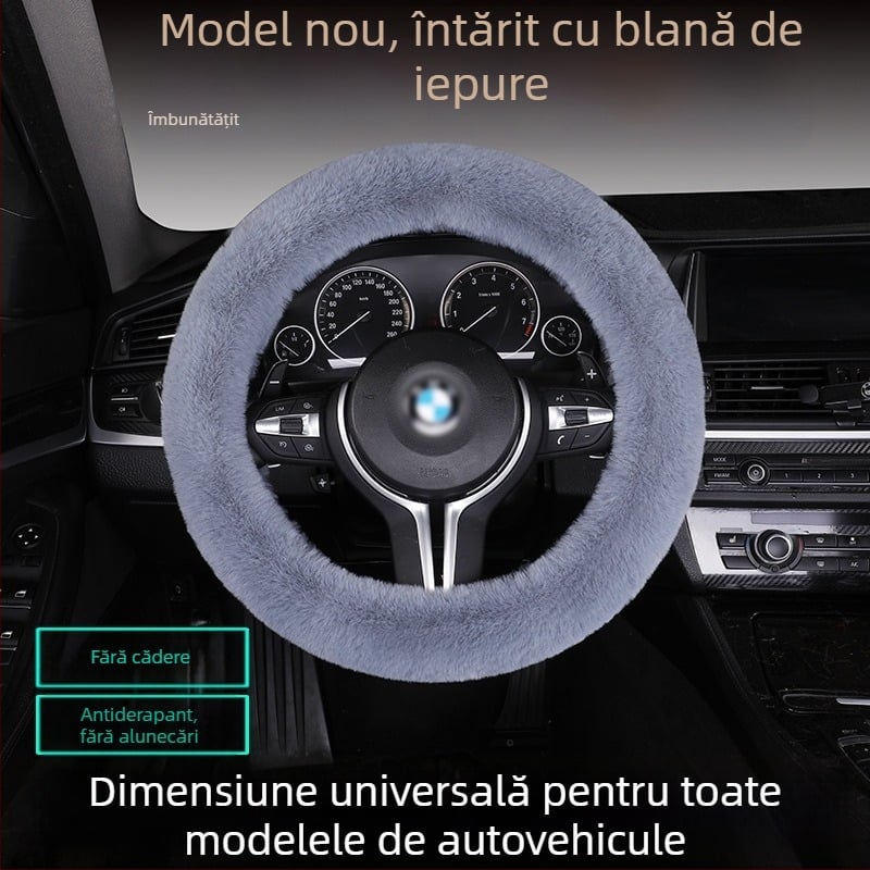 Set husă volan din blană de iepure, antiderapant, cald, universal, include pernă de șezut din blană