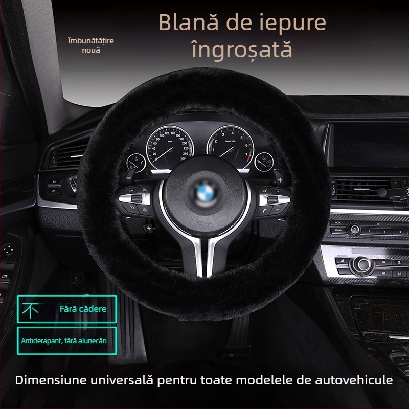 Set husă volan din blană de iepure, antiderapant, cald, universal, include pernă de șezut din blană