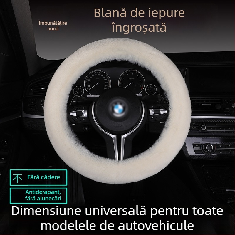 Set husă volan din blană de iepure, antiderapant, cald, universal, include pernă de șezut din blană