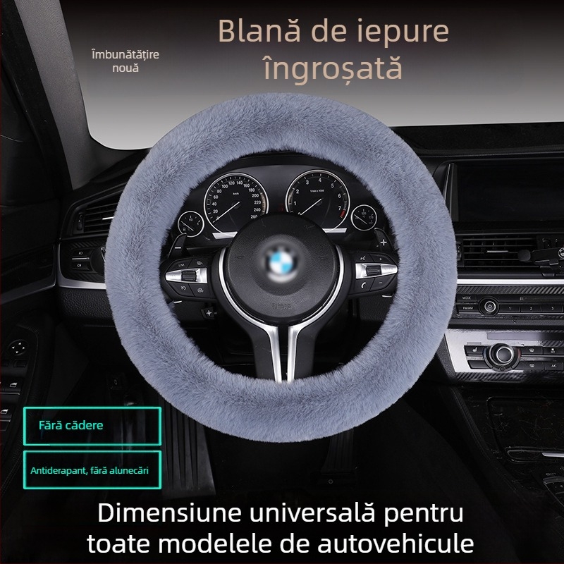 Set husă volan din blană de iepure, antiderapant, cald, universal, include pernă de șezut din blană