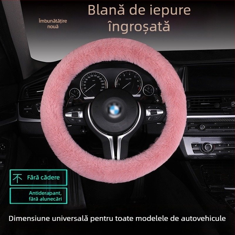 Set husă volan din blană de iepure, antiderapant, cald, universal, include pernă de șezut din blană