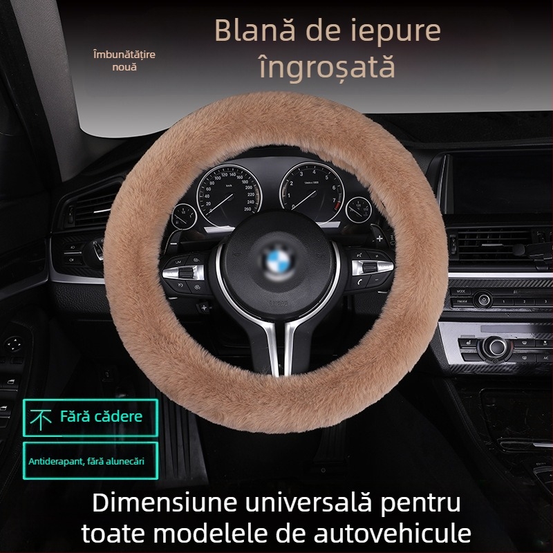 Set husă volan din blană de iepure, antiderapant, cald, universal, include pernă de șezut din blană