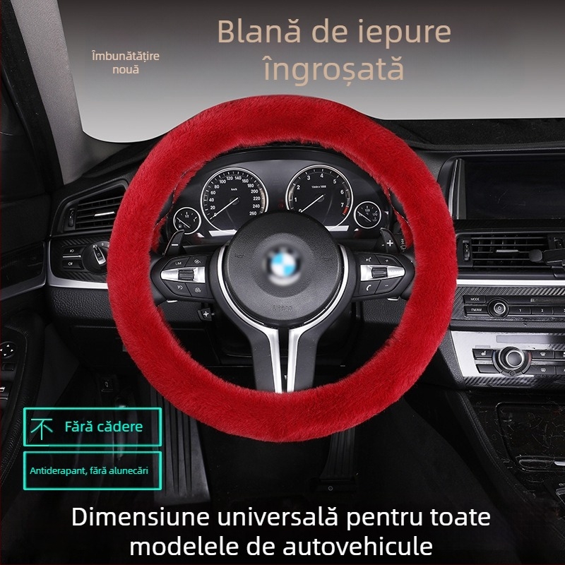 Set husă volan din blană de iepure, antiderapant, cald, universal, include pernă de șezut din blană