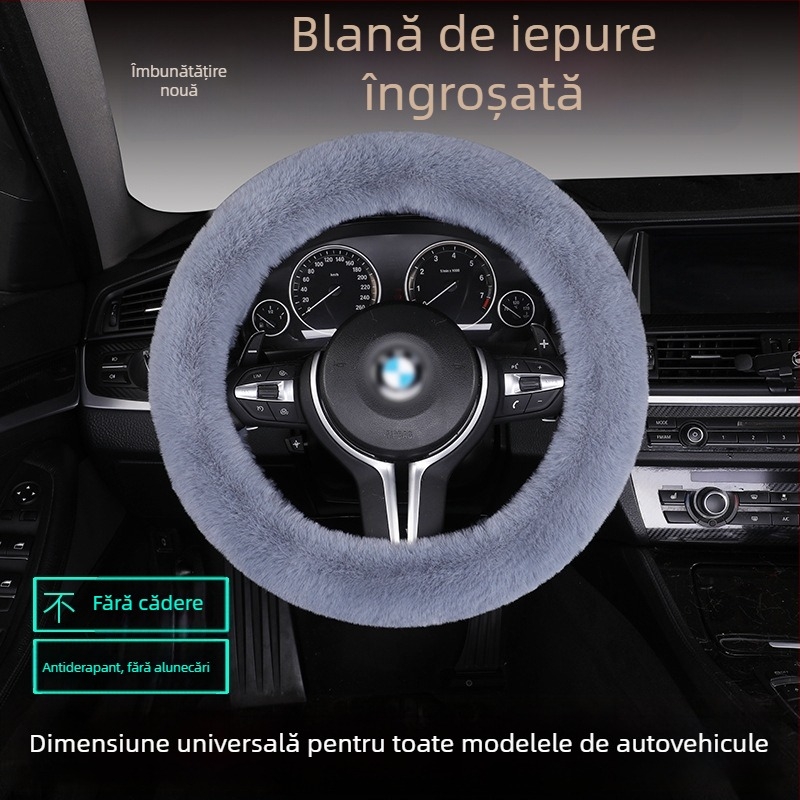 Set husă volan din blană de iepure, antiderapant, cald, universal, include pernă de șezut din blană