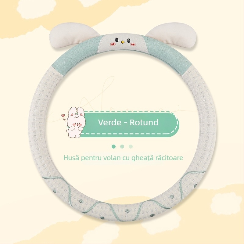 Husă pentru volan auto – design drăguț cu iepuraș, suprafață din ice silk, pentru toate anotimpurile, potrivire universală, instalare ușoară