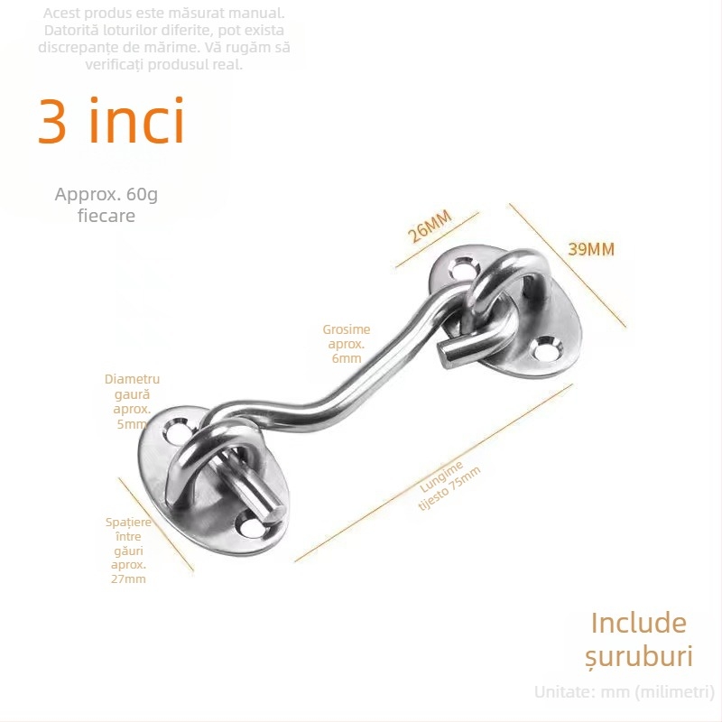 Cârlig din oțel inoxidabil pentru ferestre – model Window Wind Hook, Material: oțel inoxidabil, Finisaj: electroplatare lustruită, Utilizare: încuietoare pentru ușă și fereastră, Marcă: Three Cats
