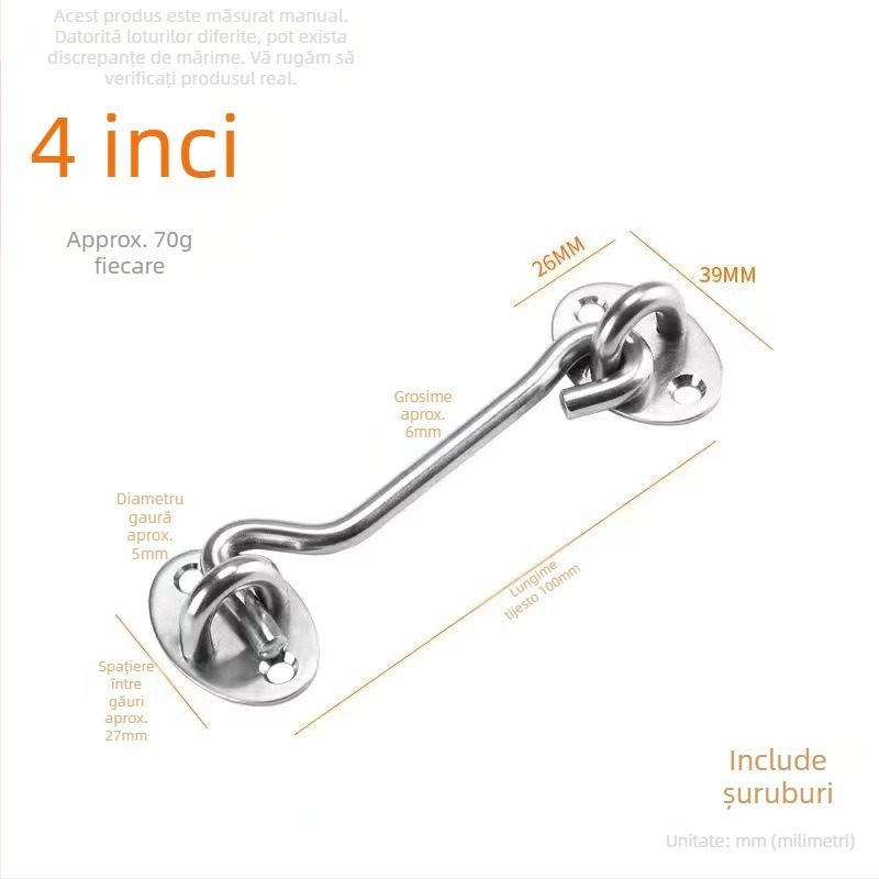 Cârlig din oțel inoxidabil pentru ferestre – model Window Wind Hook, Material: oțel inoxidabil, Finisaj: electroplatare lustruită, Utilizare: încuietoare pentru ușă și fereastră, Marcă: Three Cats