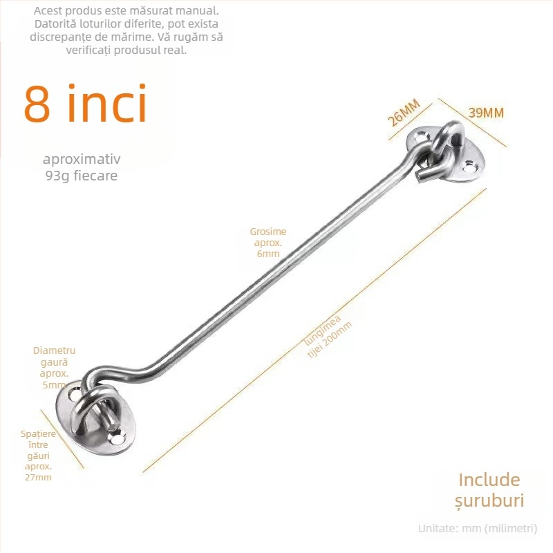 Cârlig din oțel inoxidabil pentru ferestre – model Window Wind Hook, Material: oțel inoxidabil, Finisaj: electroplatare lustruită, Utilizare: încuietoare pentru ușă și fereastră, Marcă: Three Cats