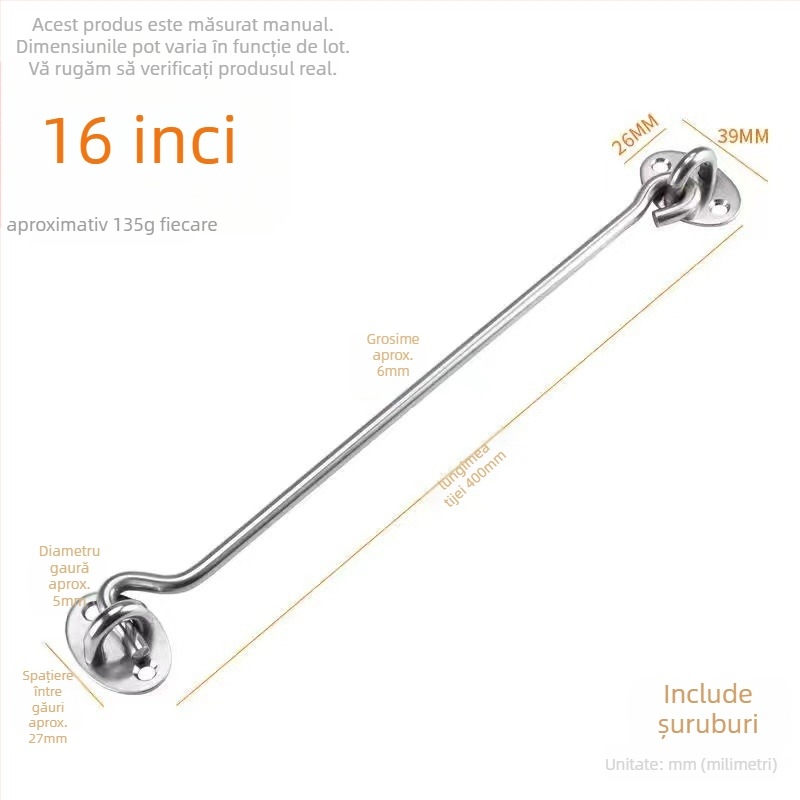 Cârlig din oțel inoxidabil pentru ferestre – model Window Wind Hook, Material: oțel inoxidabil, Finisaj: electroplatare lustruită, Utilizare: încuietoare pentru ușă și fereastră, Marcă: Three Cats