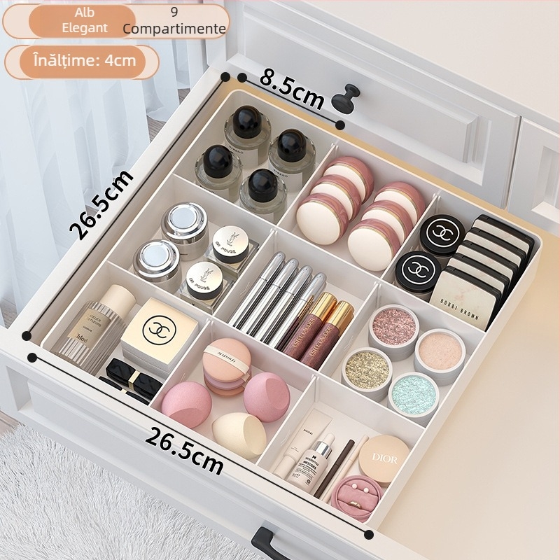 Casetă organizatoare pentru sertare, compartimentată, model 8831, plastic PET, capacitate 1 L, fără capac, imprimare logo disponibilă