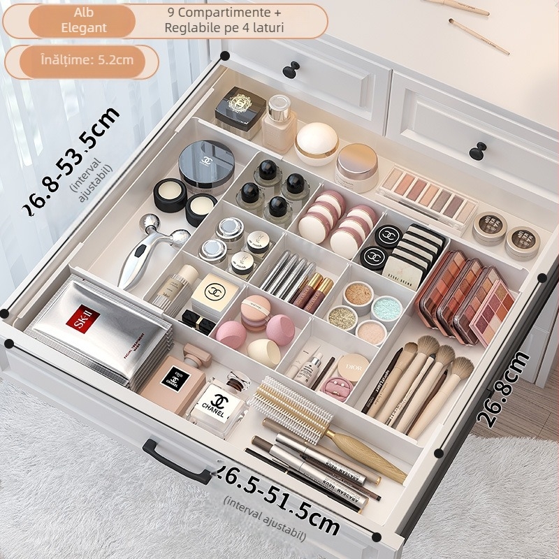 Casetă organizatoare pentru sertare, compartimentată, model 8831, plastic PET, capacitate 1 L, fără capac, imprimare logo disponibilă