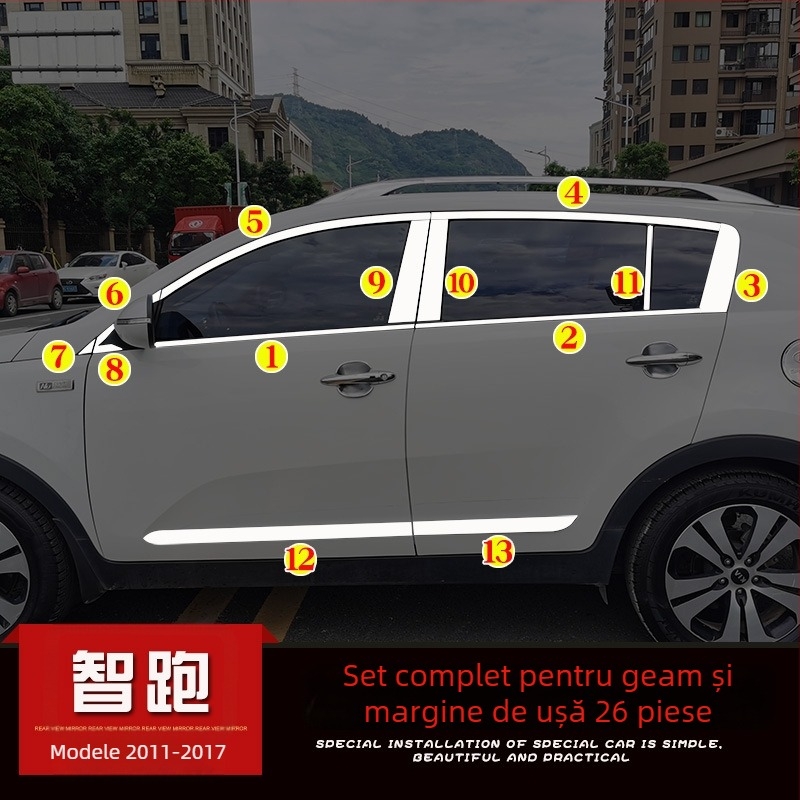 Just Right Kia Sportage 2011-2017: bandă decorativă pentru rama ferestrei și cadrul ușii, bandă strălucitoare decorativă, modificare mâner ușă