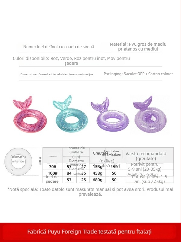 Inel de înot cu sprijin de sirenă – PVC ecologic, grosime 0.19, umflare manuală