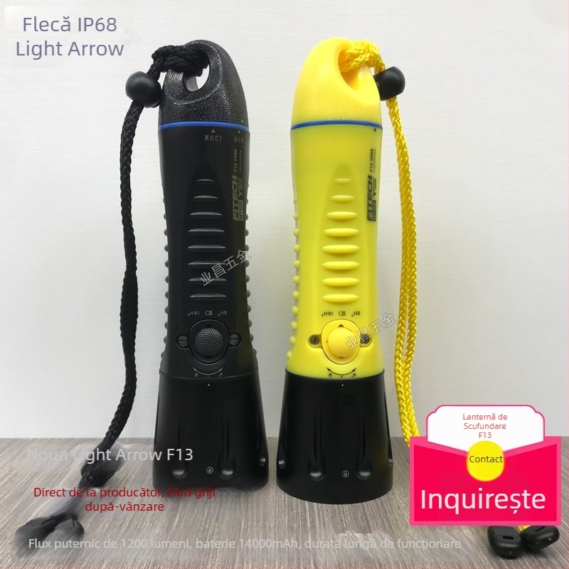 Fener LED pentru scufundări - iluminare profesională, puternică, rază lungă, etanș, utilizare de urgență (Material: aliaj de aluminiu + plastic rezistent la compresiune; Brand: Light Arrow; Categorie: Iluminat pentru scufundări)