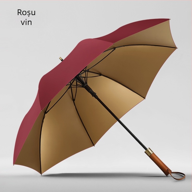 Umbrelă de golf cu mâner lung din lemn masiv, cadru cu 8 arce, protecție UV UPF 50+, logo personalizabil, deschidere și închidere manuală