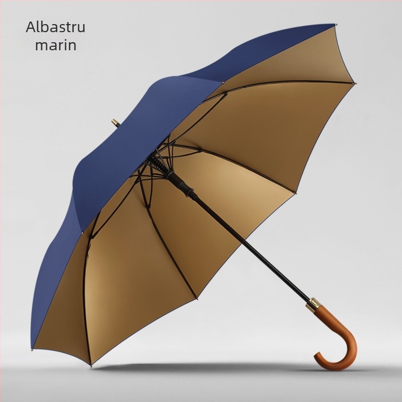 Umbrelă de golf cu mâner lung din lemn masiv, cadru cu 8 arce, protecție UV UPF 50+, logo personalizabil, deschidere și închidere manuală